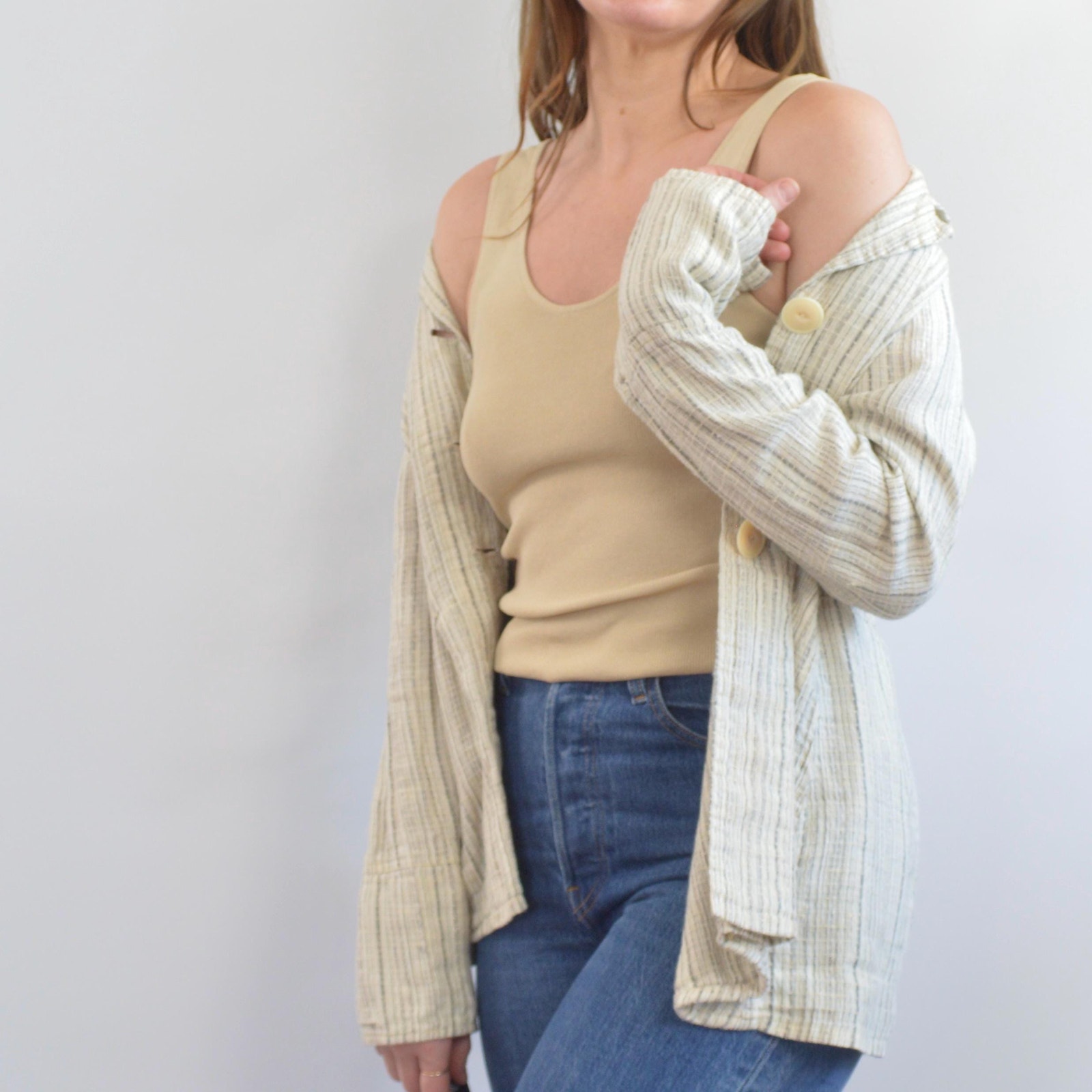 Fine Strip Beige And Gray 100% Linen Flax Summer Jacket